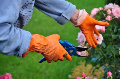 Safety signage and equipment at a landscaping site